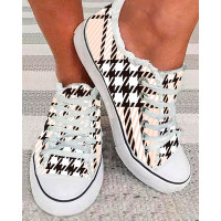 Plaid Print Lace-up Raw Hem Canvas Sneakers - Apricot