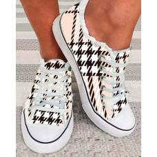 Plaid Print Lace-up Raw Hem Canvas Sneakers - Apricot