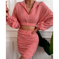 Plaid Print Lantern Sleeve Crop Top & Ruched Skirt Set - red