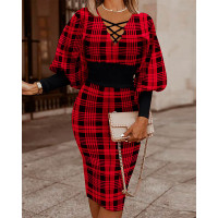 Plaid Print Lantern Sleeve Midi Dress - red