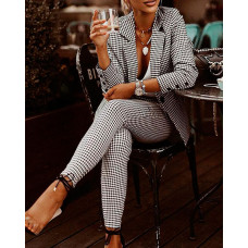 Plaid Print Lapel Collar Blazer & Pants Set - black&white