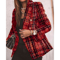 Plaid Print Lapel Collar Double Breasted Tweed Blazer - red