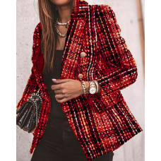 Plaid Print Lapel Collar Double Breasted Tweed Blazer - red