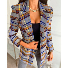 Plaid Print Lapel Collar Single Button Blazer - blue