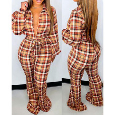 Plaid Print Long Sleeve Belted Jumpsuit - brown