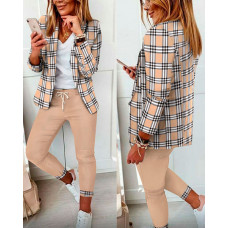 Plaid Print Long Sleeve Blazer & Pants Set - Apricot