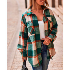 Plaid Print Long Sleeve Button Down Shacket - green