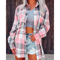 Plaid Print Long Sleeve Button Down Shacket - pink