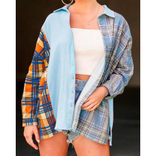 Plaid Print Long Sleeve Button Down Shirt - blue