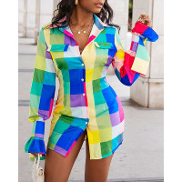 Plaid Print Long Sleeve Button Down Shirt Dress - Multicolor