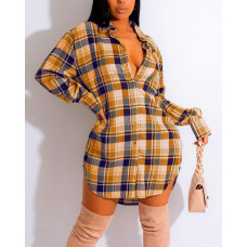 Plaid Print Long Sleeve Button Down Shirt Dress - yellow