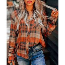 Plaid Print Long Sleeve Button Down Shirt - orange