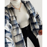 Plaid Print Long Sleeve Button Pocket Design Shacket - blue