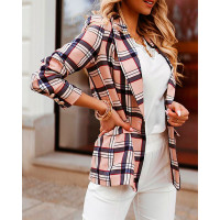 Plaid Print Long Sleeve Buttoned Blazer Coat - khaki