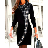 Plaid Print Long Sleeve Buttoned Casual Dress - black