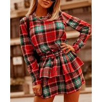 Plaid Print Long Sleeve Casual Dress - red