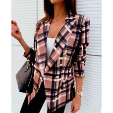 Plaid Print Long Sleeve Double Breasted Blazer - coffee