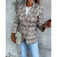 Plaid Print Long Sleeve Double Breasted Blazer - khaki