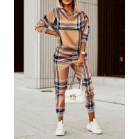 Plaid Print Long Sleeve Hooded Top & Pants Set - khaki