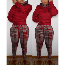 Plaid Print Long Sleeve Hoodie & Pants Set - Wine red