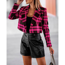 Plaid Print Long Sleeve Lapel Collar Blazer - hot pink