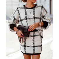 Plaid Print Long Sleeve Sweater & Skirt Set - beige