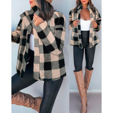 Plaid Print Long Sleeve Teddy Coat - khaki