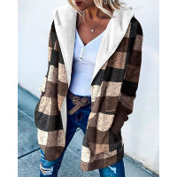 Plaid Print Long Sleeve Teddy Lined Hooded Coat - brown