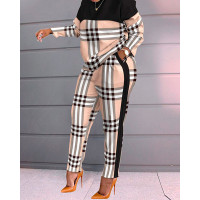 Plaid Print Long Sleeve Top & Pants Set - brown