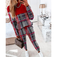 Plaid Print Long Sleeve Top & Pants Set - red