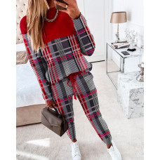 Plaid Print Long Sleeve Top & Pants Set - red