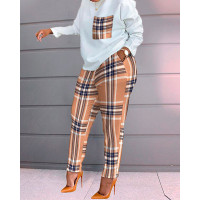 Plaid Print Long Sleeve Top & Pocket Design Pants Set - khaki