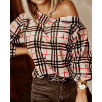 Plaid Print Long Sleeve V-Neck Top - khaki