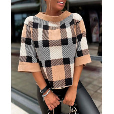 Plaid Print O Neck Knit Top - khaki