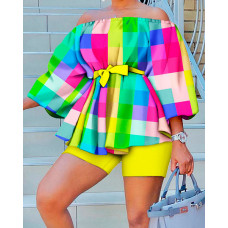 Plaid Print Off Shoulder Belted Top & Shorts Set - Multicolor