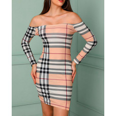 Plaid Print Off Shoulder Long Sleeve Bodycon Dress - khaki