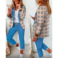 Plaid Print Patchwork Blazer Coat & Drawstring Pants Set - blue