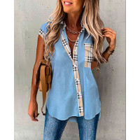 Plaid Print Patchwork Buttoned Pocket Design Shirt - blue