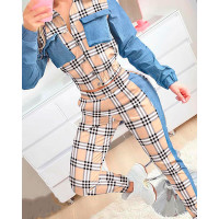 Plaid Print Patchwork Buttoned Shirt & High Waist Pants Set - khaki