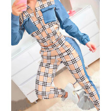 Plaid Print Patchwork Buttoned Shirt & High Waist Pants Set - khaki