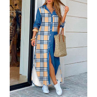 Plaid Print Patchwork Buttoned Slit Shirt Dress - blue