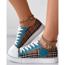 Plaid Print Patchwork Lace-up Canvas Sneakers - brown