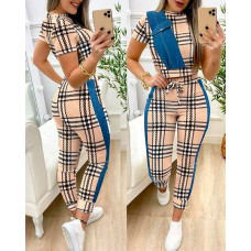 Plaid Print Patchwork Pocket Design Top & Drawstring Pants Set - khaki