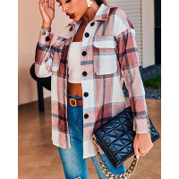 Plaid Print Pocket Button Design Long Sleeve Shacket - khaki