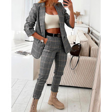 Plaid Print Pocket Design Blazer Sets Without Belt - gray