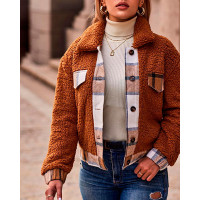 Plaid Print Pocket Design Teddy Coat - brown