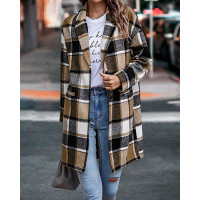 Plaid Print Pocket Detail Long Sleeve Coat - yellow