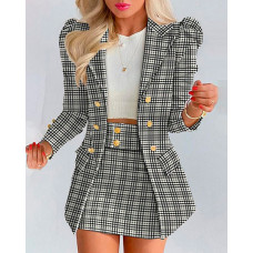 Plaid Print Puff Sleeve Buttoned Blazer Coat & Skirt Set - gray