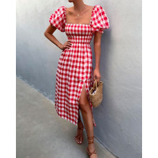 Plaid Print Puff Sleeve Slit Casual Dress - red