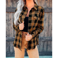 Plaid Print Raw Hem Button Down Shacket - khaki